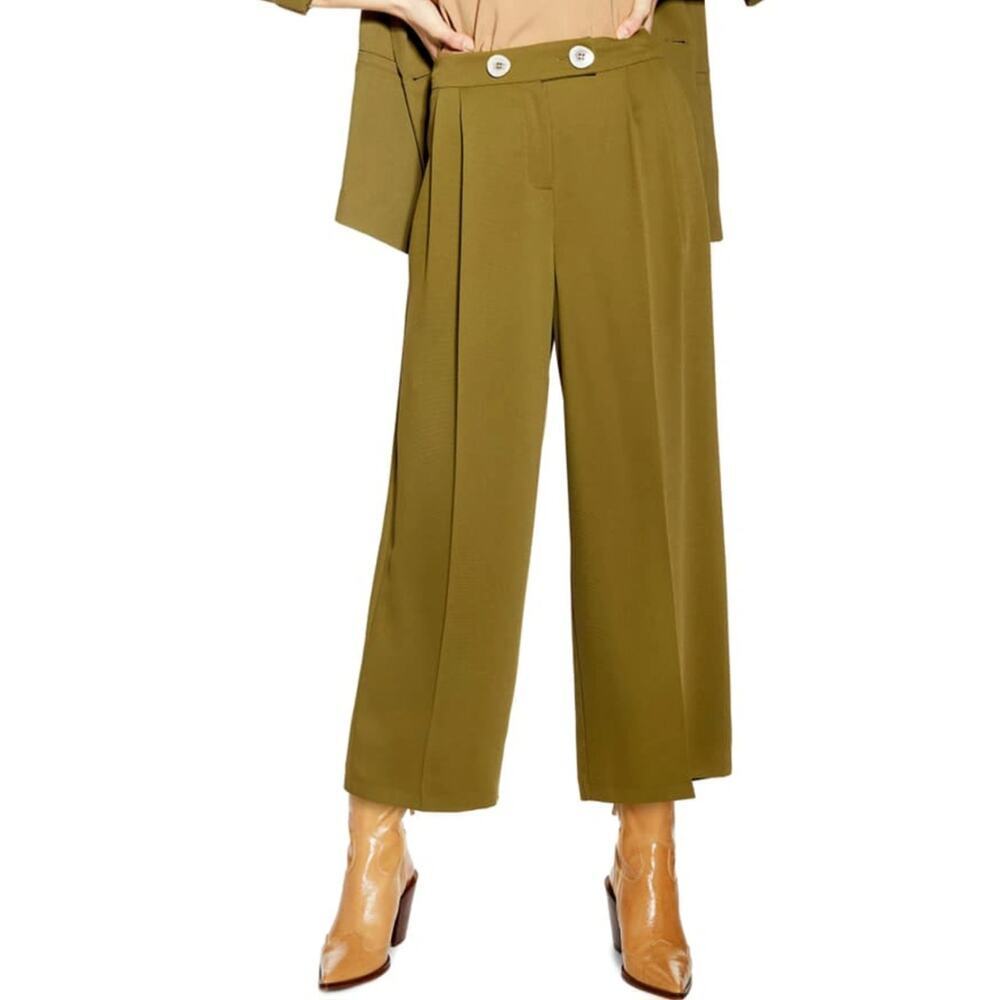 Topshop Women's Rita Wide Leg Cropped Pleated Trouser Dress Pants Size 4 Green
